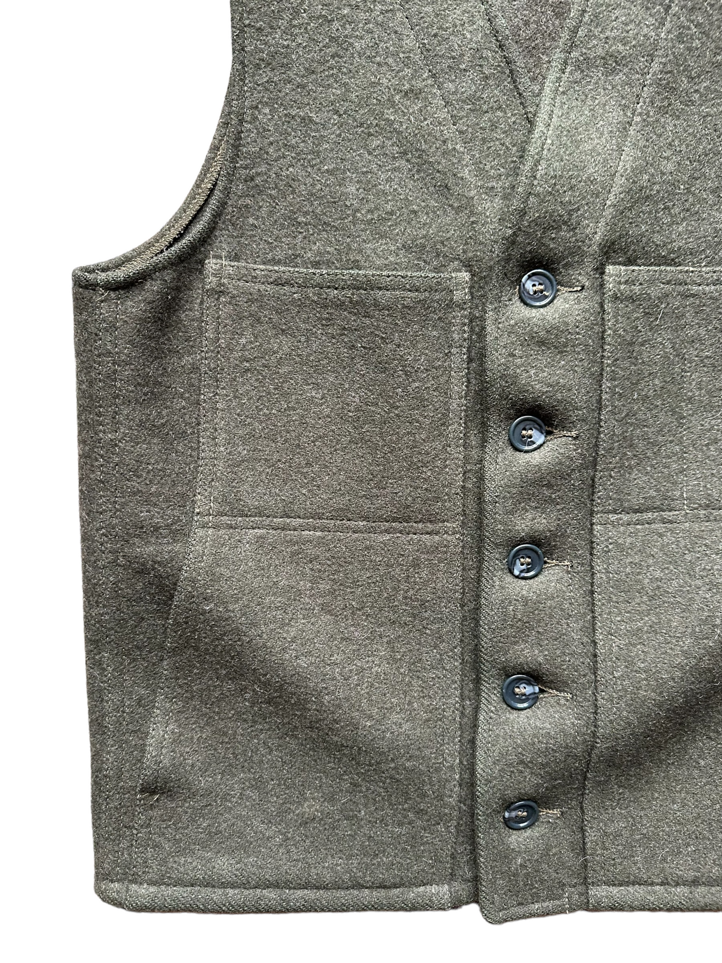 Lower Right Pocket View of Vintage Filson Mackinaw Vest SZ 36 |  Forest Green Wool Vest | Seattle Vintage Workwear