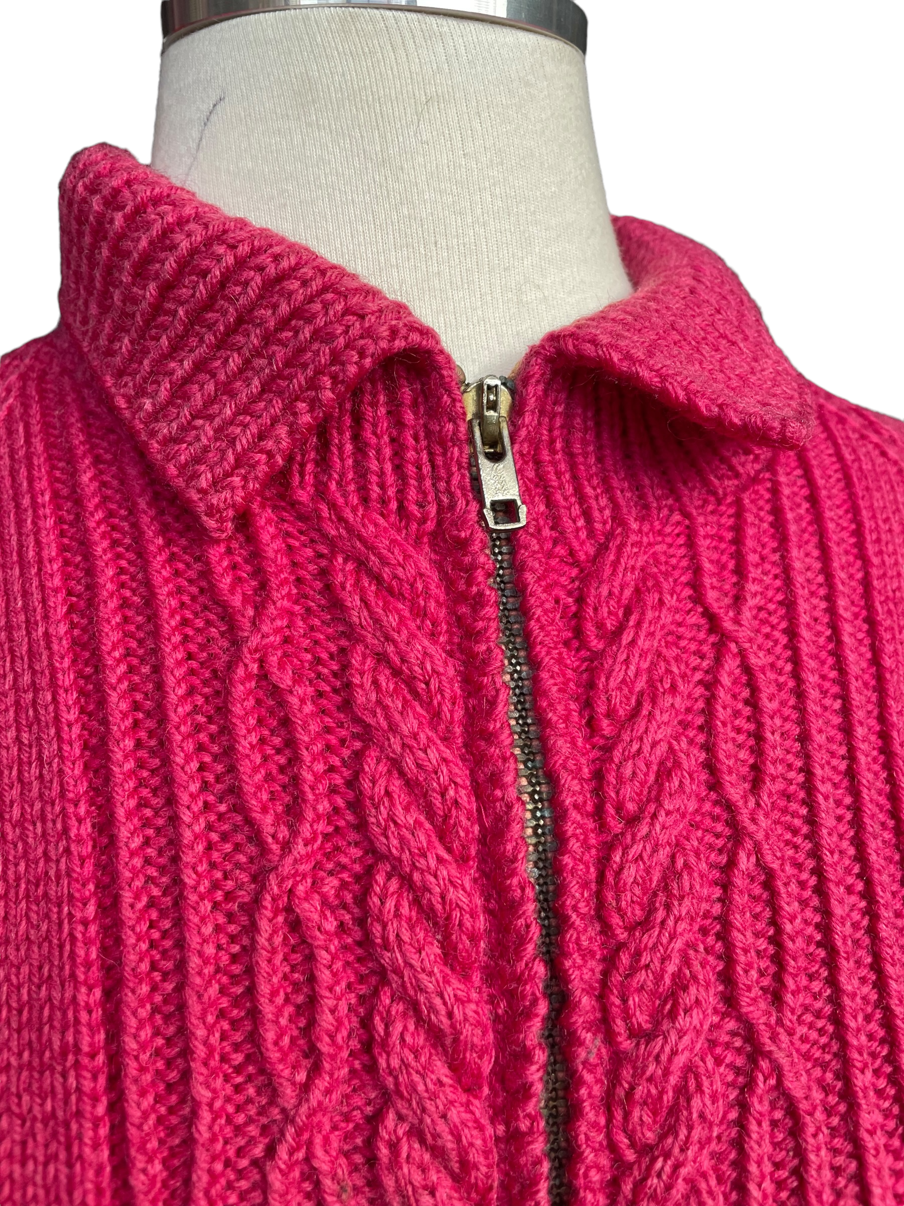 Front upper close up ofVintage 1940's Wool Hand Knit Magenta Zip Up Cardigan Sweater | Barn Owl Vintage | Seattle True Vintage