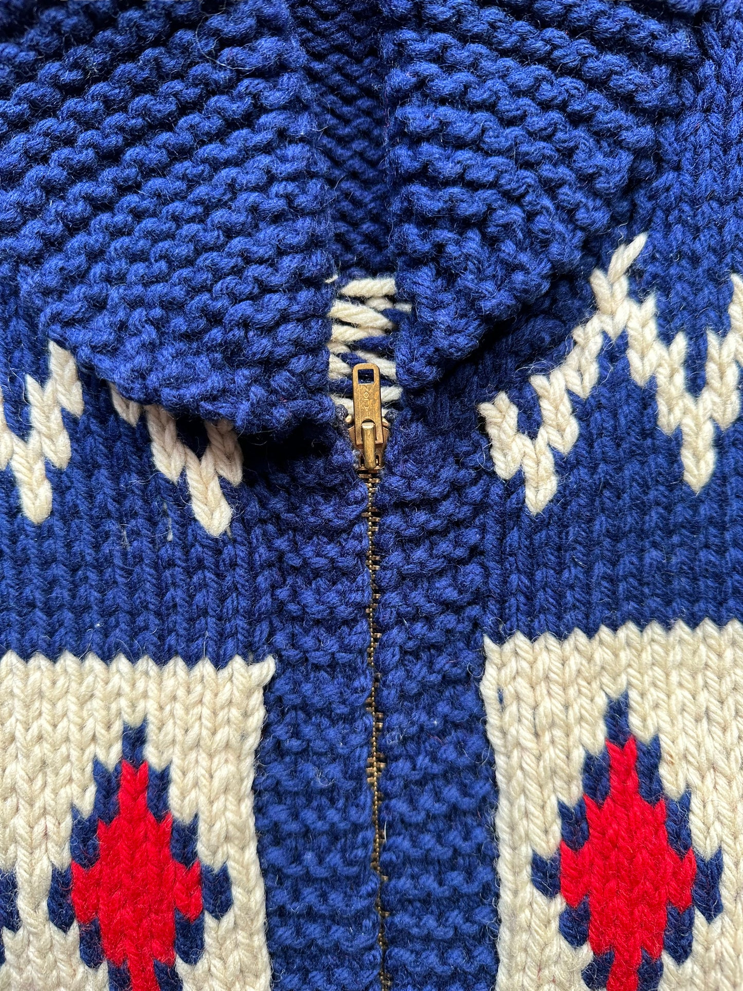 Talon Zipper on Vintage Cowichan Style Blue & Red Sweater SZ M  |  Barn Owl Vintage | Seattle Vintage Sweaters