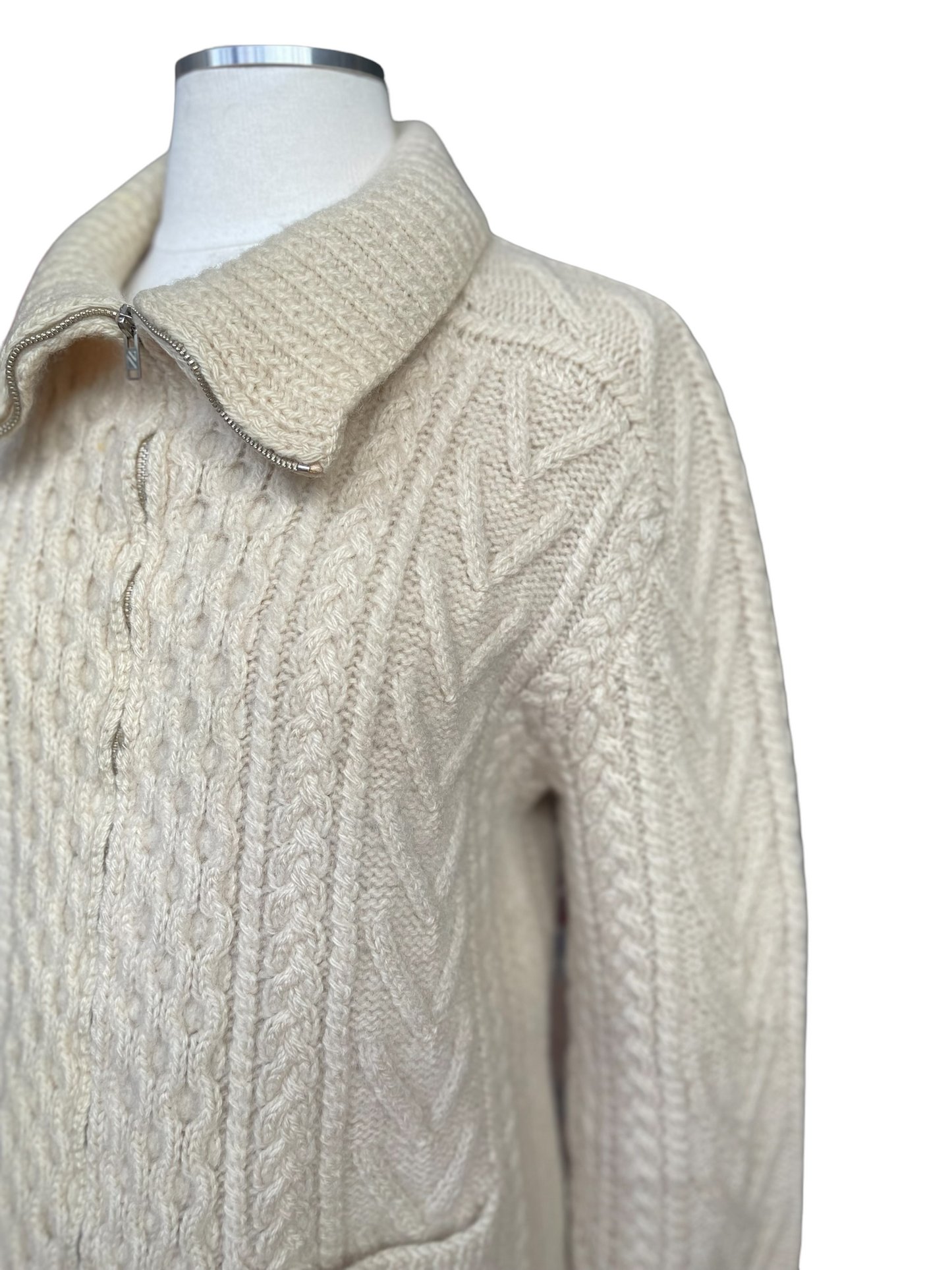 Left shoulder view Vintage 1940's Wool Hand Knit Zip up Cardigan Sweater | Barn Owl Vintage | Seattle True Vintage