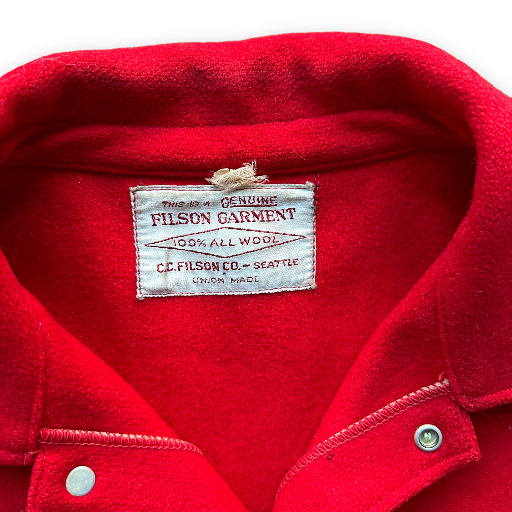 Tag View of Vintage 1960s Union Made Era Filson Scarlet Cruiser Size 48 |  Barn Owl Vintage Goods | Vintage Filson Workwear Seattle