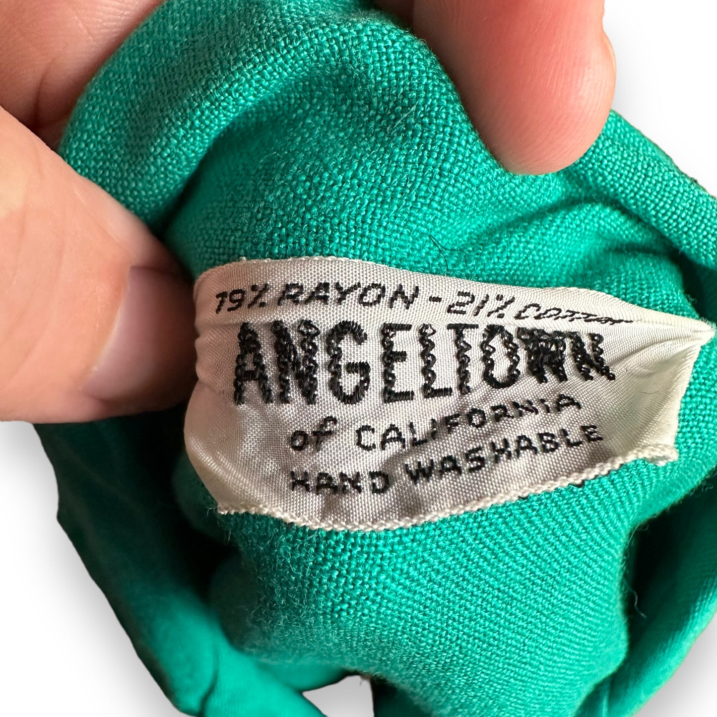 Tag View on Vintage Angeltown Rayon Blend Bowling Shirt SZ M | Vintage Rayon Bowling Shirt | Barn Owl Vintage Seattle