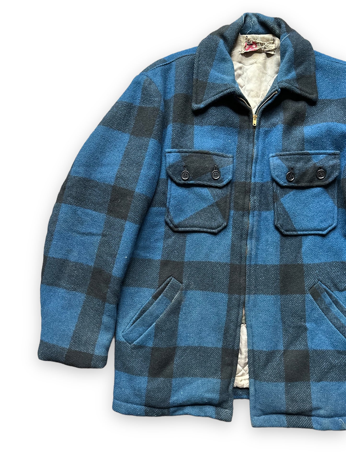 Right Front View on Vintage Black Bear Cobalt Blue and Black Wool Coat SZ L  |  Vintage Workwear Seattle | Barn Owl Vintage Seattle
