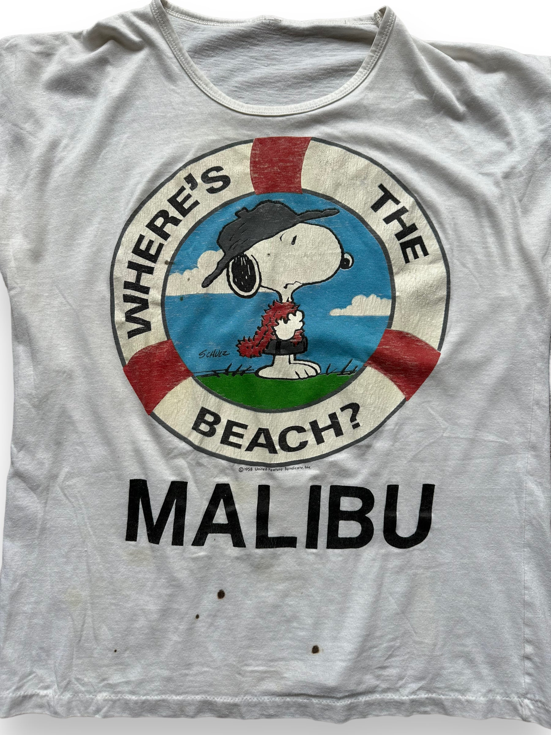 Front close up of Vintage Snoopy Where's The Beach Malibu Tee SZ S | Vintage T-Shirts Seattle | Barn Owl Vintage Tees Seattle