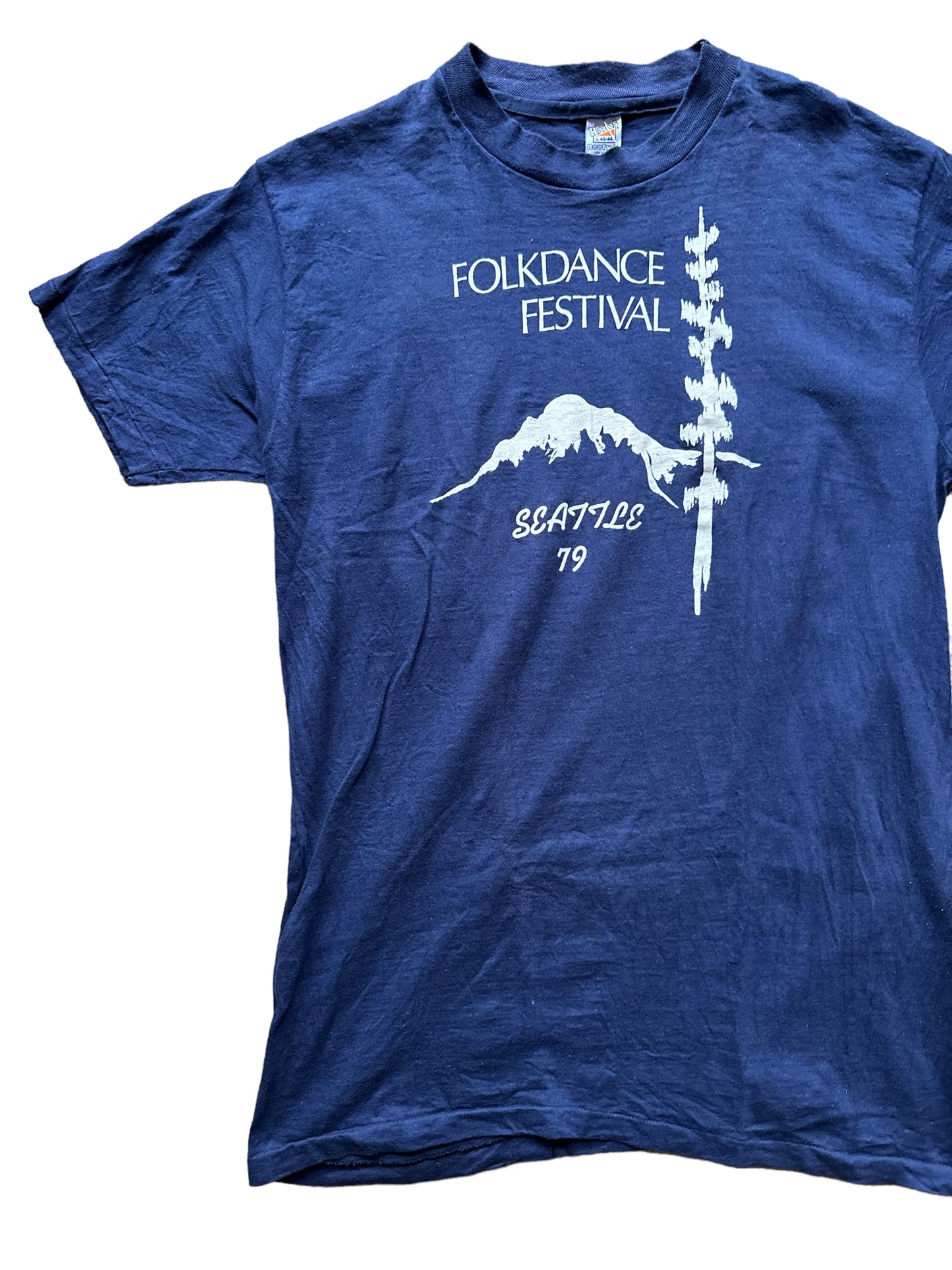Right Side Front View on Vintage Single Stitch Folkdance Festival Seattle Tee SZ Large |  Vintage Folkdance Graphic T Shirt Seattle | Barn Owl Vintage