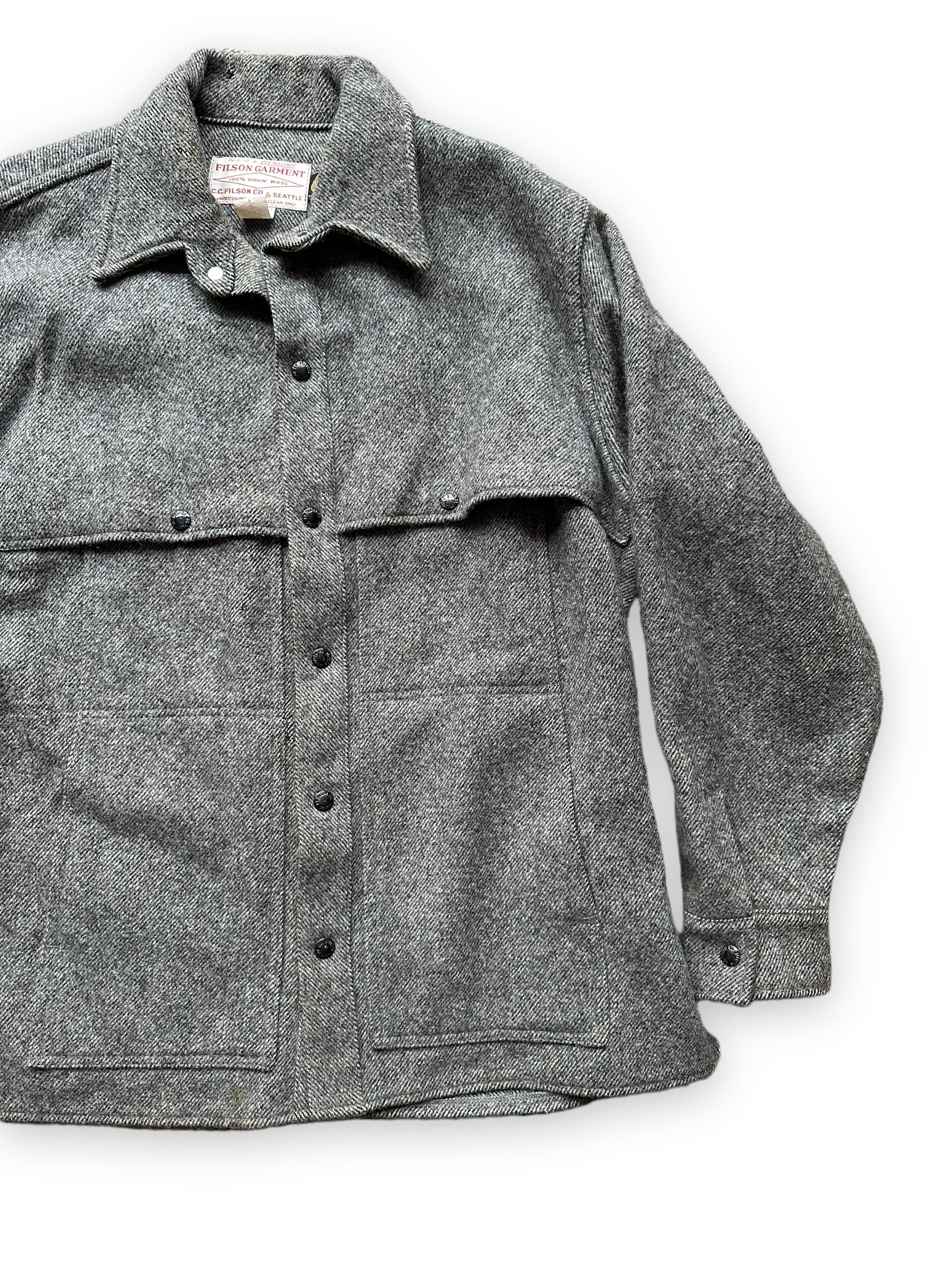 Front Left View on Vintage Filson Grey Herringbone Cape Coat SZ Large  |  Barn Owl Vintage Goods | Vintage Wool Workwear Seattle