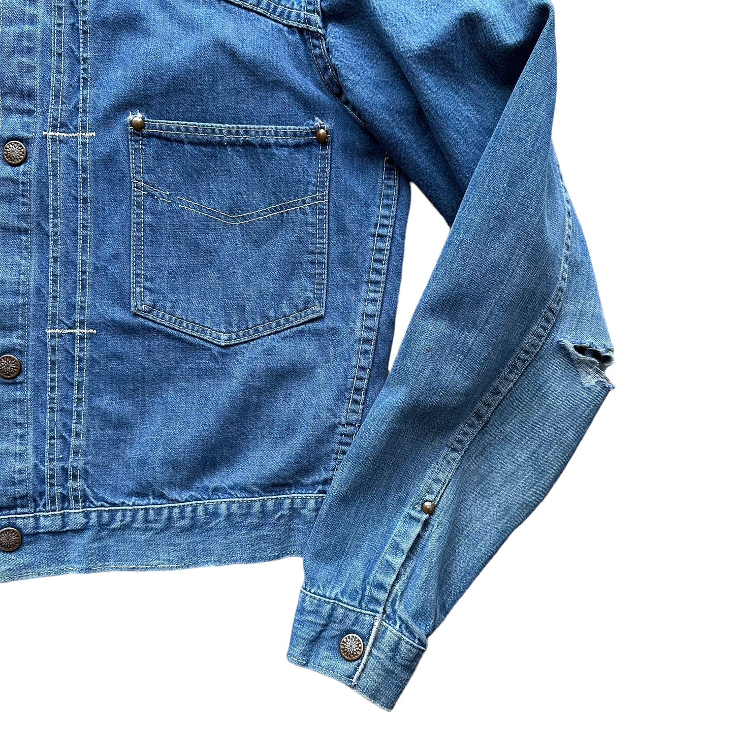 Front Left Detail on Vintage Pleated Type II Style Denim Jacket SZ M  | Vintage Denim Workwear Seattle | Seattle Vintage Denim