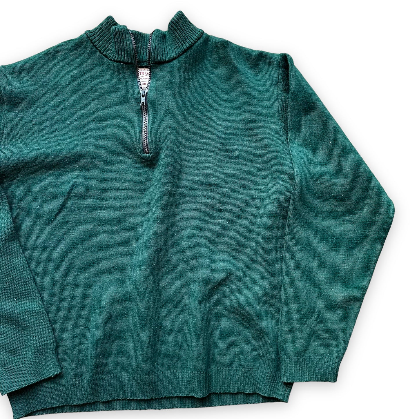 Front Left View of Filson Style 719 Dark Green Sweater SZ L |  Vintage Filson Workwear Seattle | Barn Owl Vintage