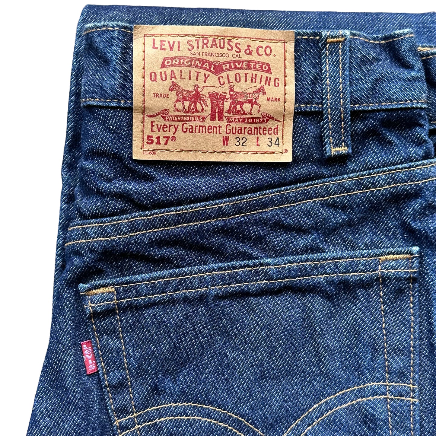 Rear Tag View on Vintage NOS Made in the USA Boot Cut Levis 517 W32 L34 | Vintage Deadstock Denim Seattle | Barn Owl Vintage Workwear