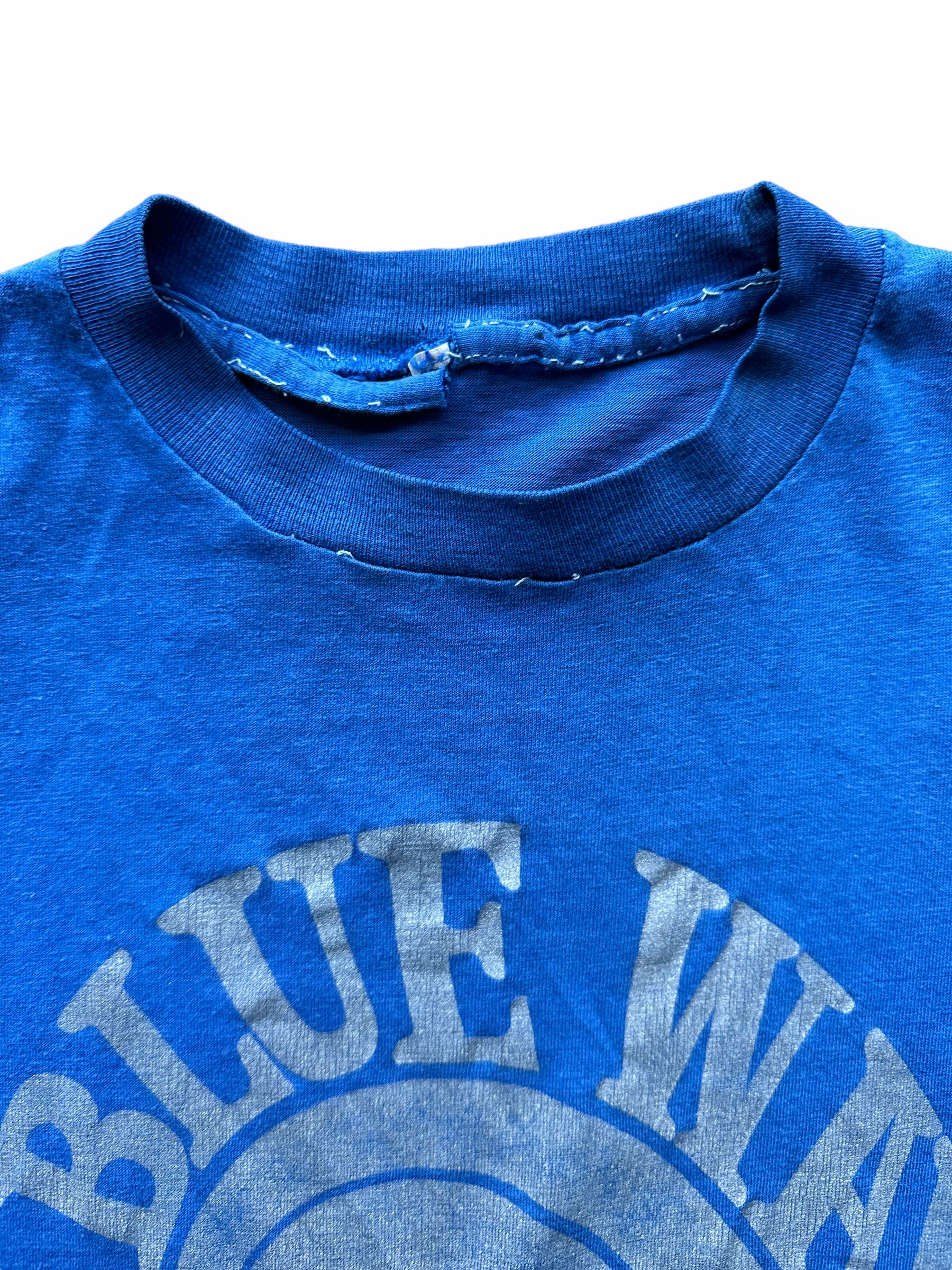 Neck View and Damage on Vintage Seahawks Blue Wave Tee SZ S | Vintage Seahawks T-Shirts Seattle | Barn Owl Vintage Tees Seattle