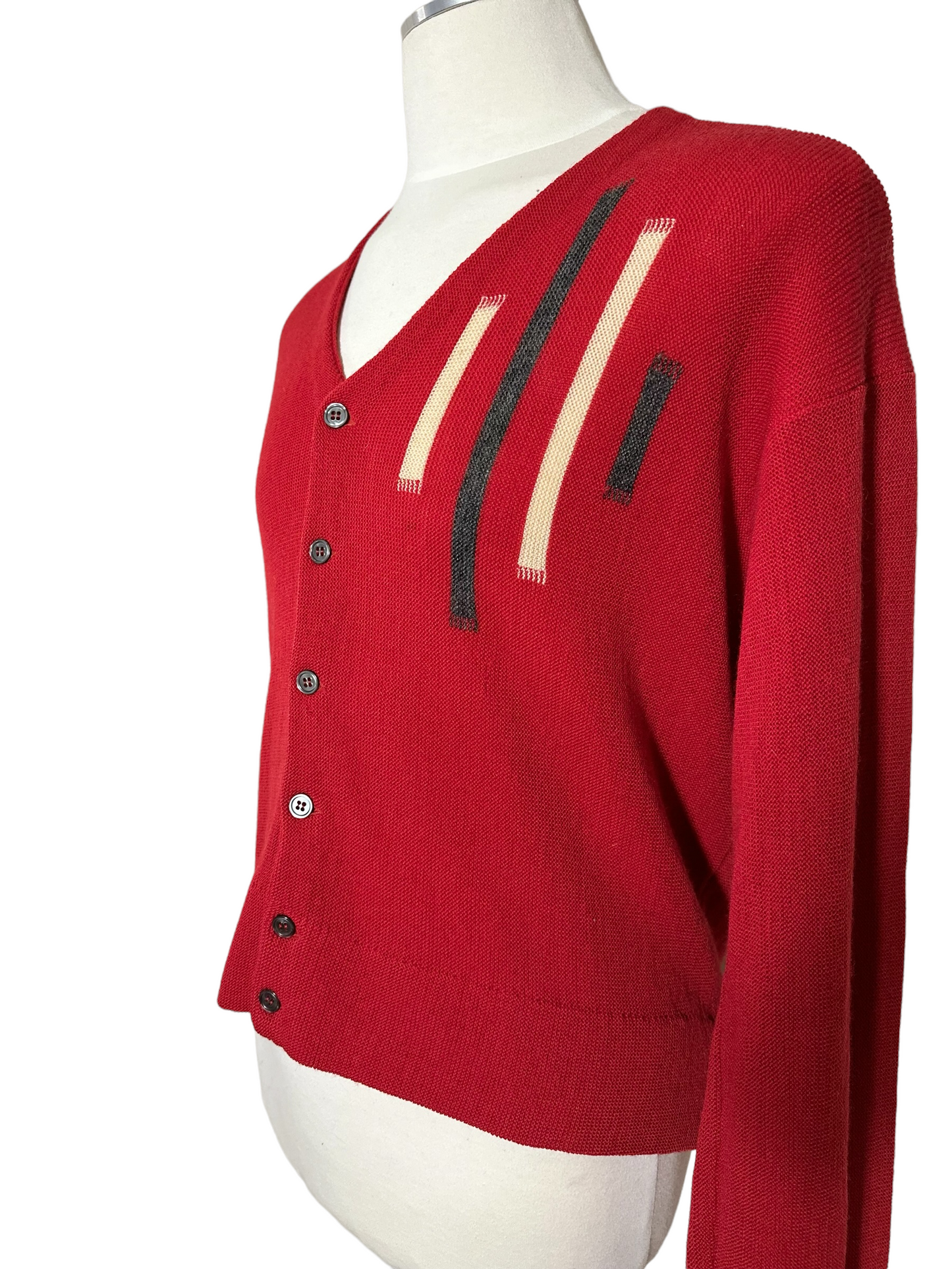 Detail View of Left Breast Panel on Vintage Hastings Red Wool Cardigan | Vintage Clothing Barn Owl Seattle
