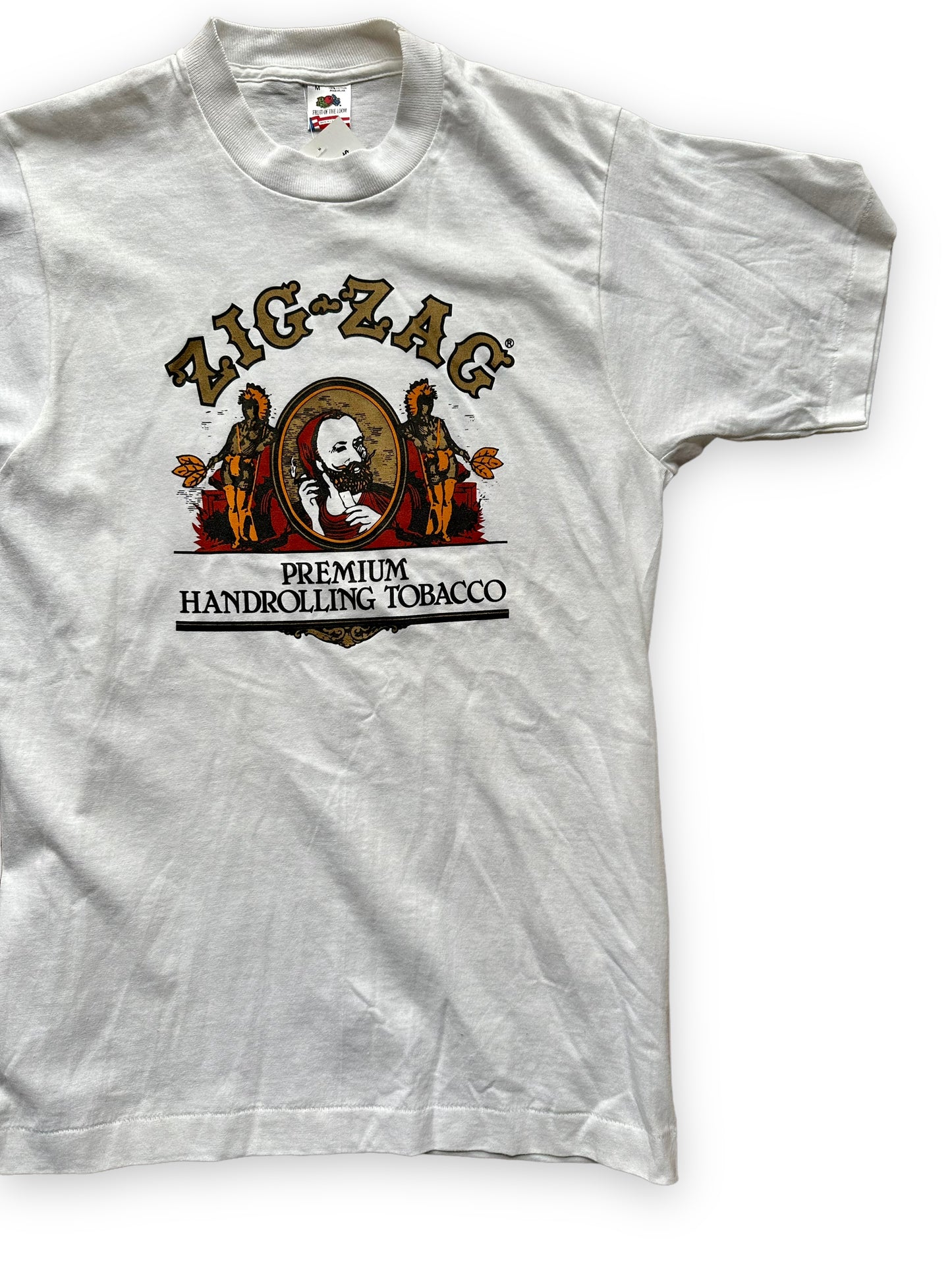 Front Left View of Vintage White Zig-Zag Premium Hand-Rolling Tobacco Tee SZ M | Vintage Weed Tees Seattle | Barn Owl Vintage