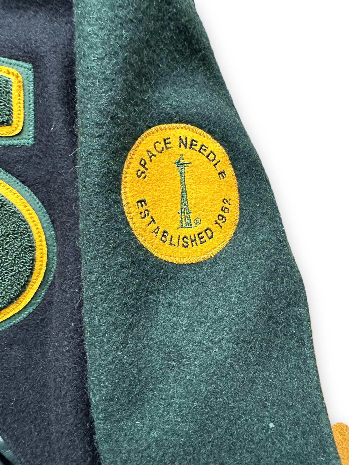 Space Needle Call Out on Sleeve of Seattle Supersonics Green Black and Yellow Prototype Jacket SZ L | Vintage Seattle Supersonics  | Seattle Vintage Basketball