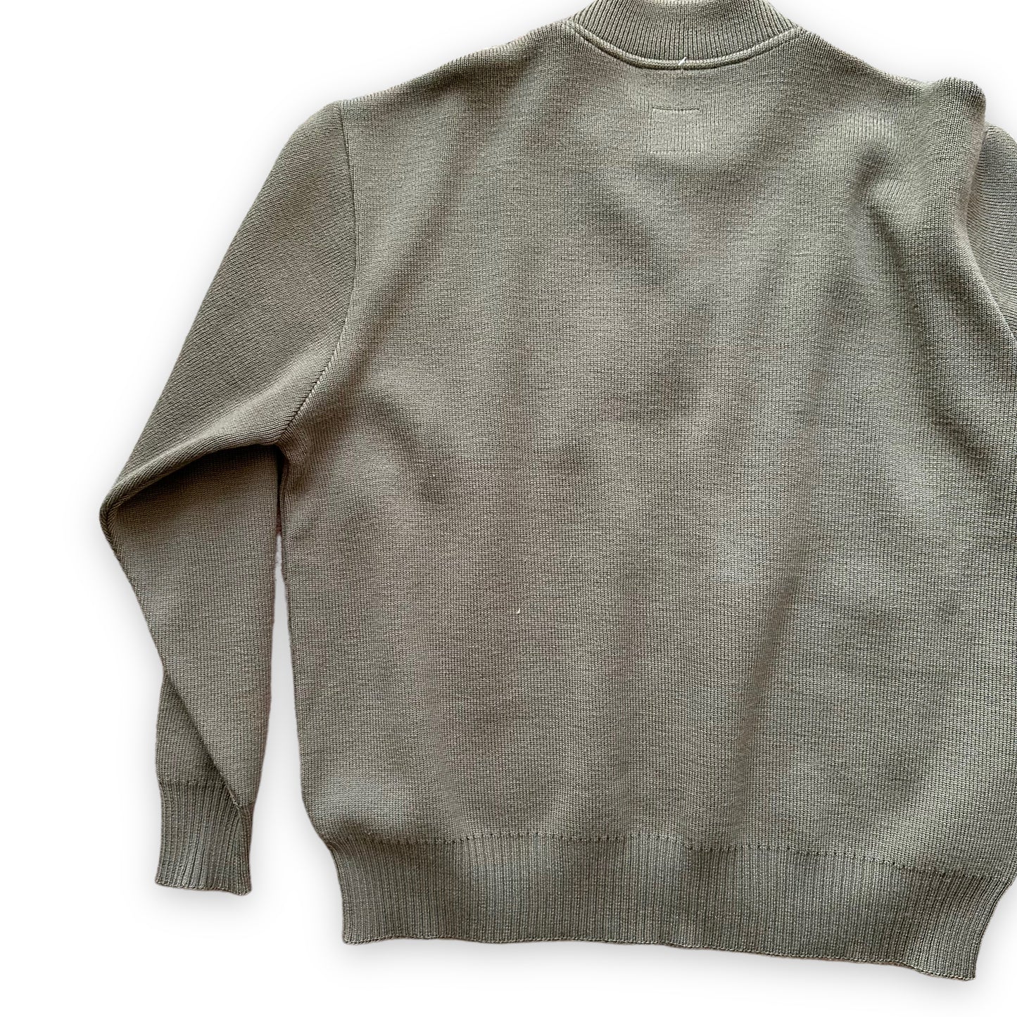 Left Rear View of Vintage Filson Sage Green Henley Sweater SZ XL |  Barn Owl Vintage Goods | Vintage Workwear Seattle