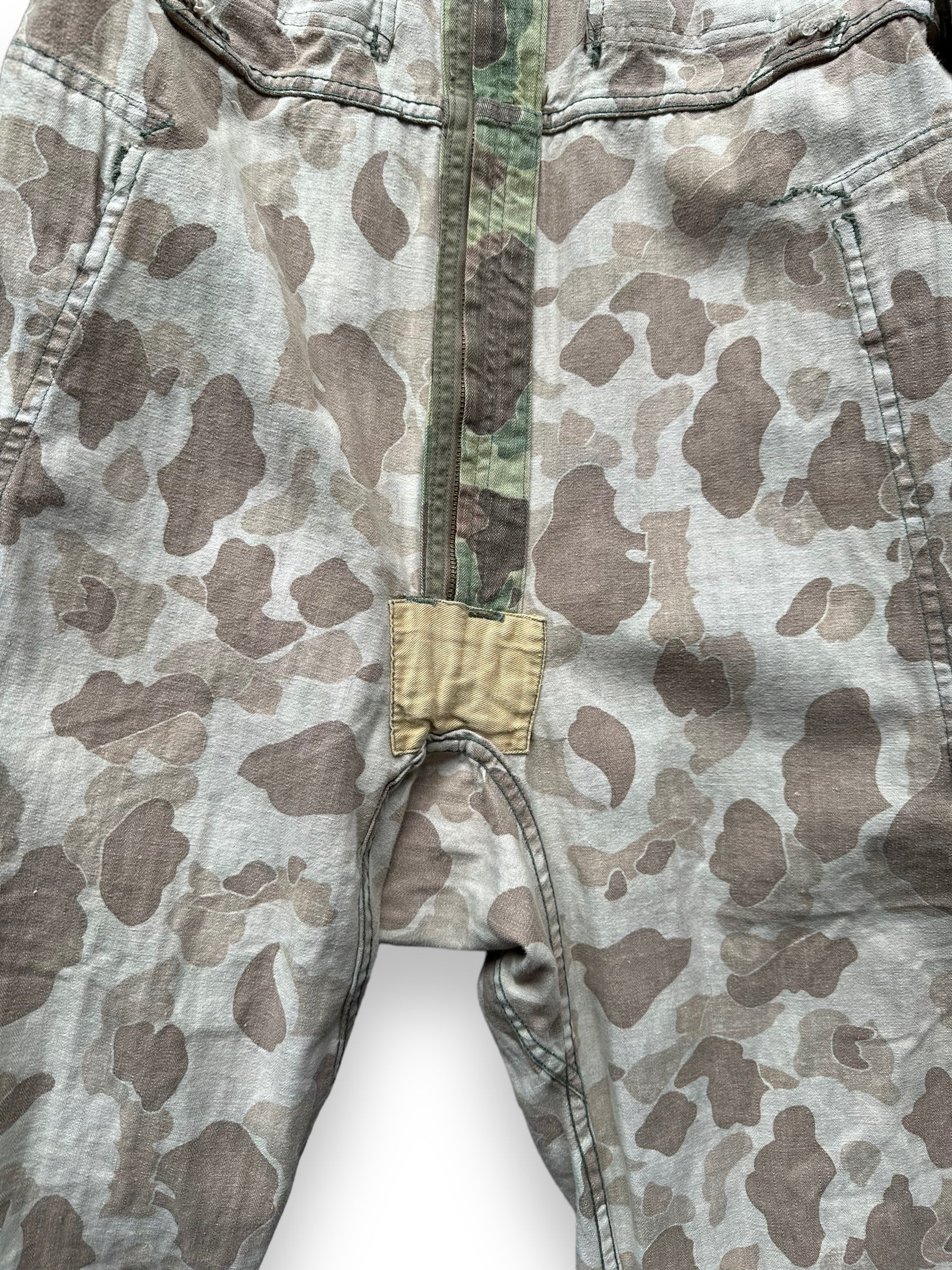 Inside Out Crotch View of Vintage M-4395 HBT Frogskin Camo Coveralls SZ M | Vintage Frog Skin Camo Pants Seattle | Barn Owl Vintage Workwear