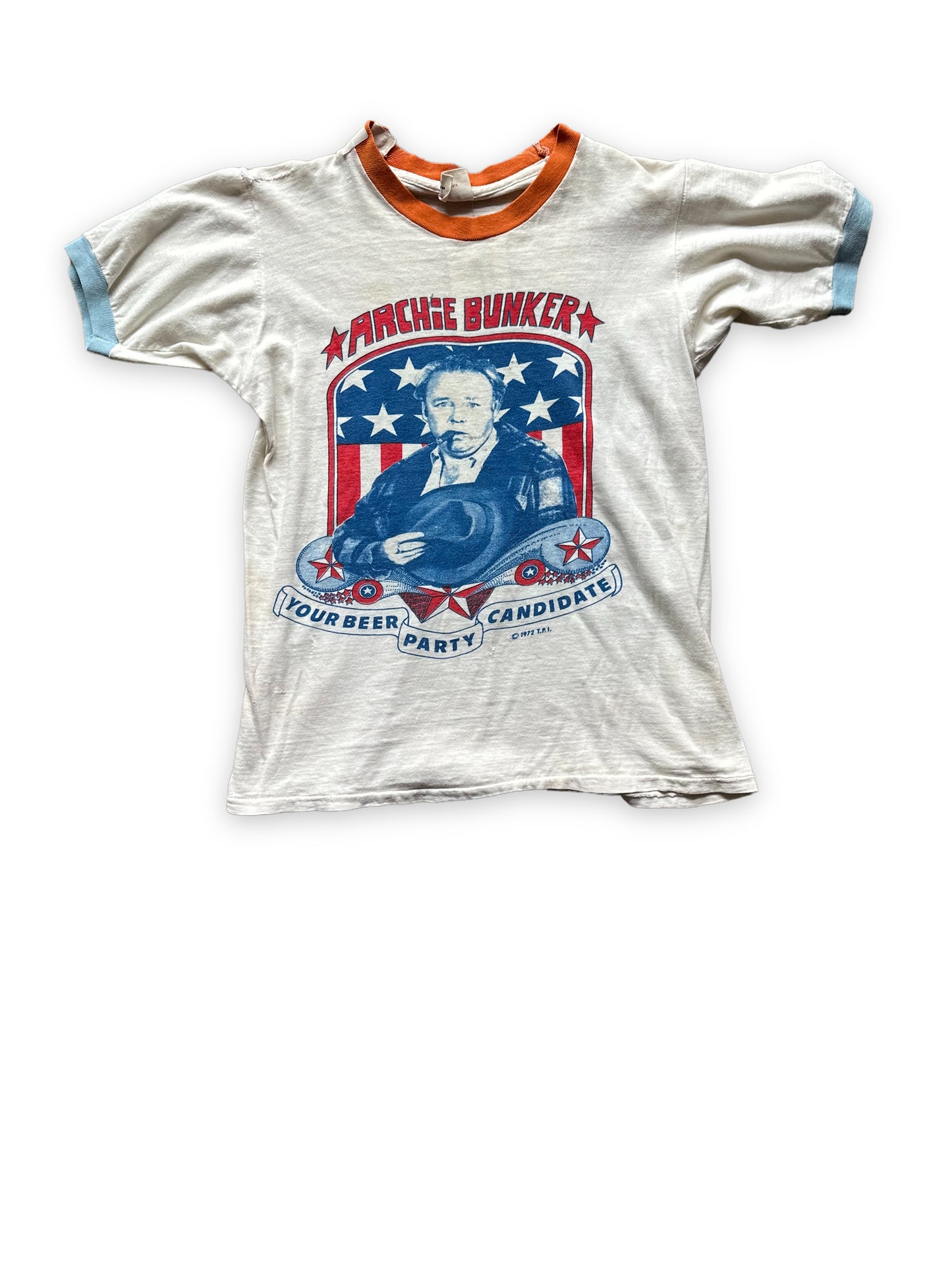 Front View of Vintage Archie Bunker Ringer Tee SZ S |  Vintage Ringer Tee Seattle | Barn Owl Vintage