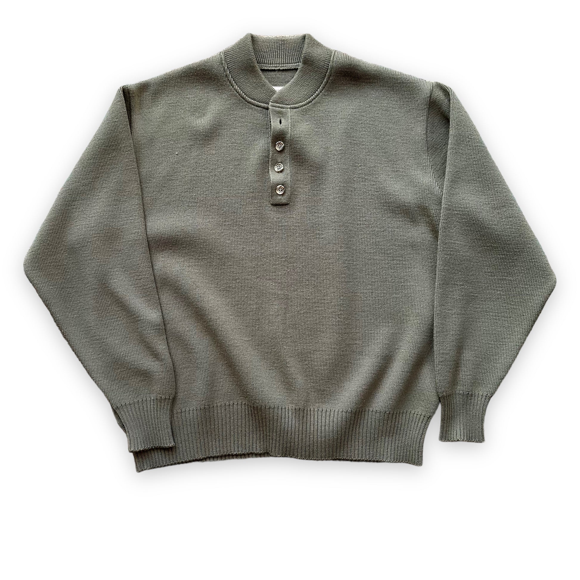 Front View of Vintage Filson Sage Green Henley Sweater SZ XL |  Barn Owl Vintage Goods | Vintage Workwear Seattle