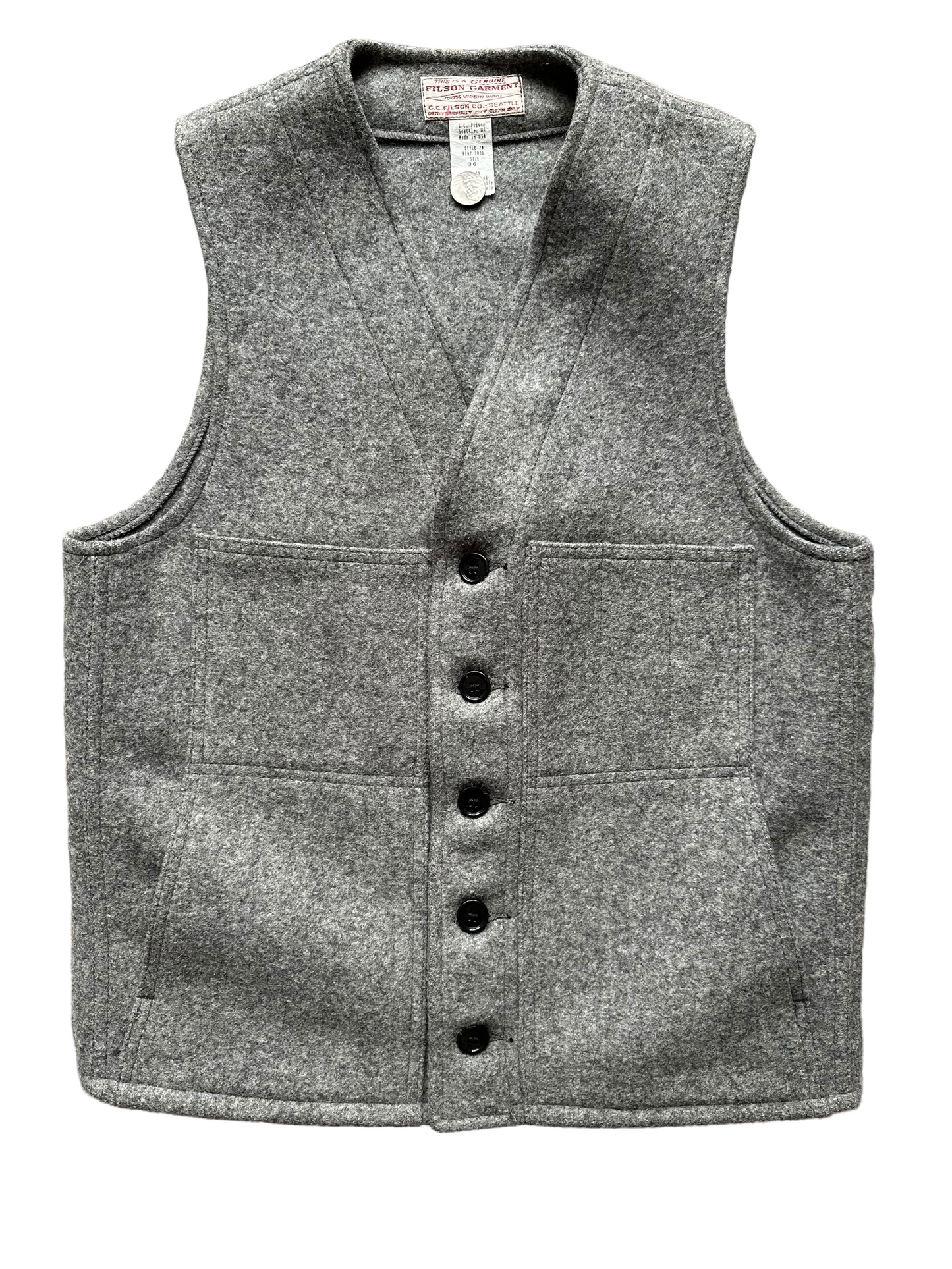 Front View of Vintage Filson Mackinaw Vest SZ 36 |  Grey Wool Vest | Seattle Vintage Workwear