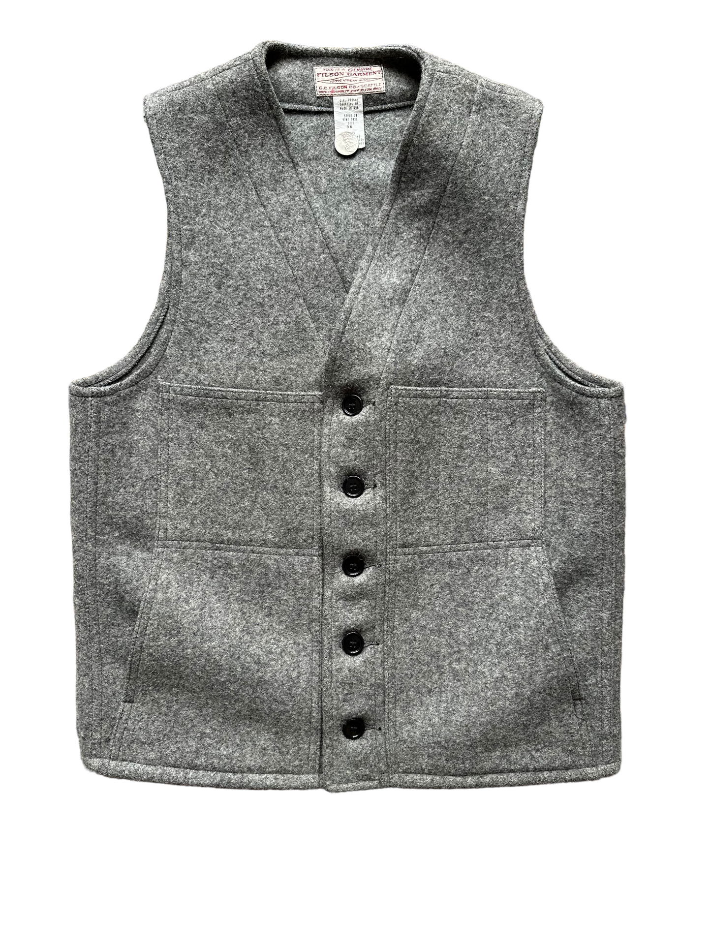 Front View of Vintage Filson Mackinaw Vest SZ 36 |  Grey Wool Vest | Seattle Vintage Workwear