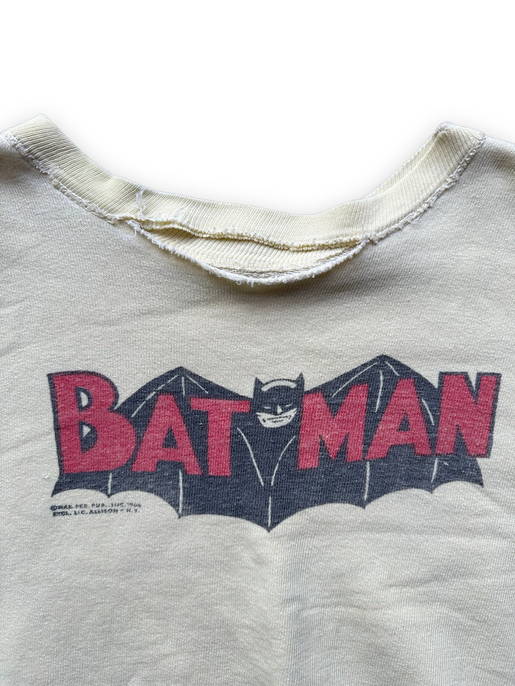 Collar Damage on Vintage 1960s Yellow Batman Sweatshirt SZ M | Vintage Crewneck Sweatshirts Seattle | Barn Owl Vintage Seattle