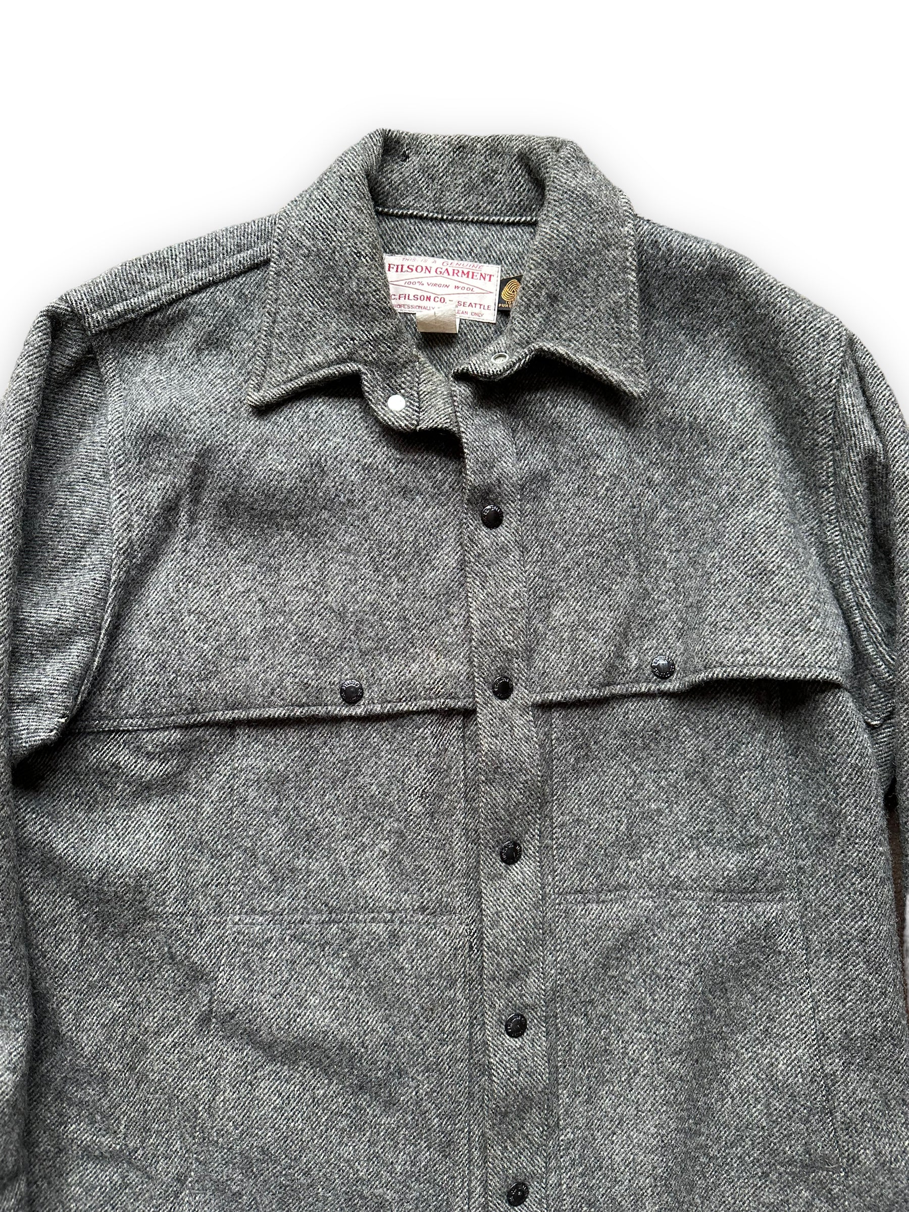 Upper Front Detail on Vintage Filson Grey Herringbone Cape Coat SZ Large  |  Barn Owl Vintage Goods | Vintage Wool Workwear Seattle