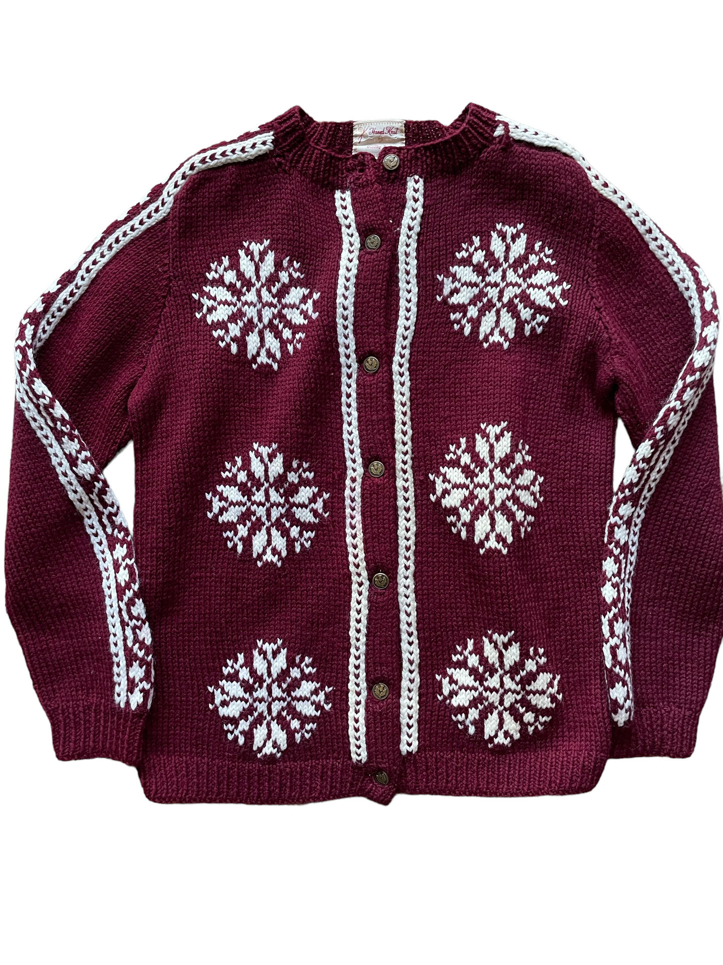 1960s handknit burgundy snowflake cardigan sweater front view barn owl vintage seattle true vintage
