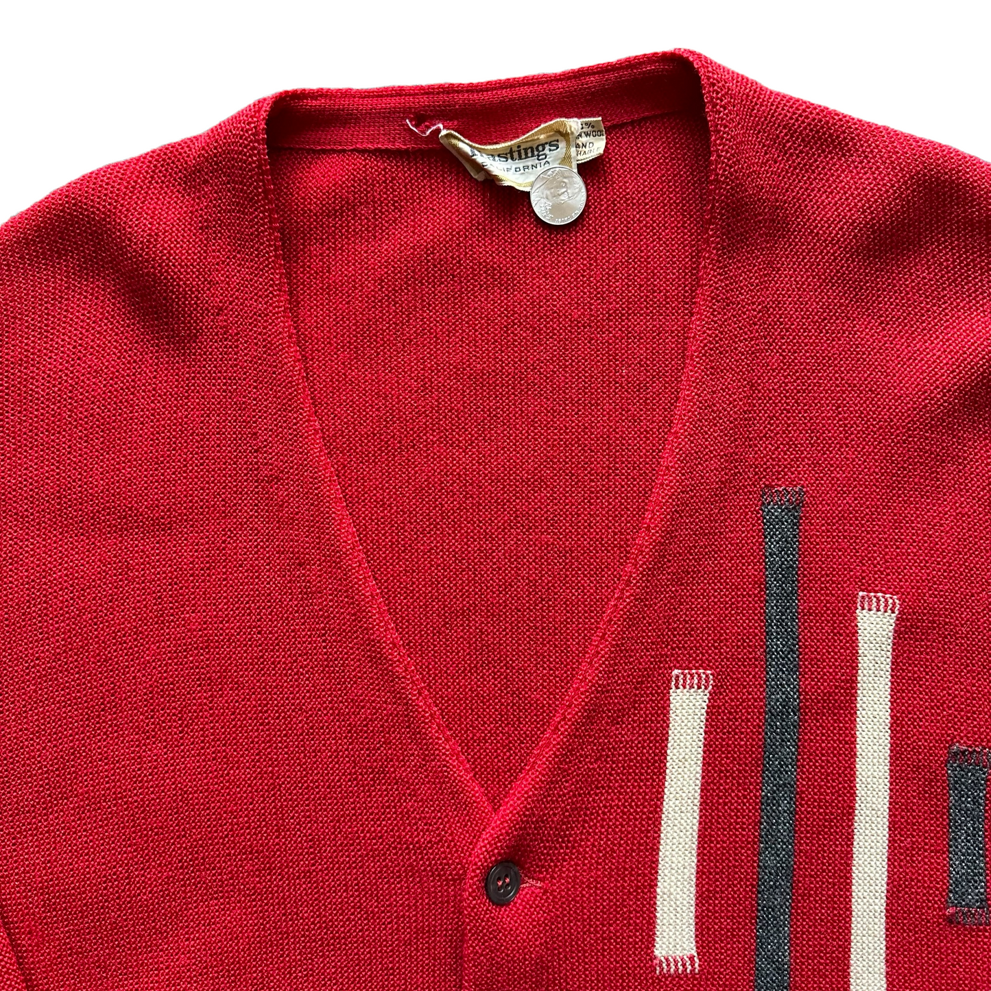 Tag View  of Vintage Hastings Red Wool Cardigan | Best Vintage Clothing Seattle